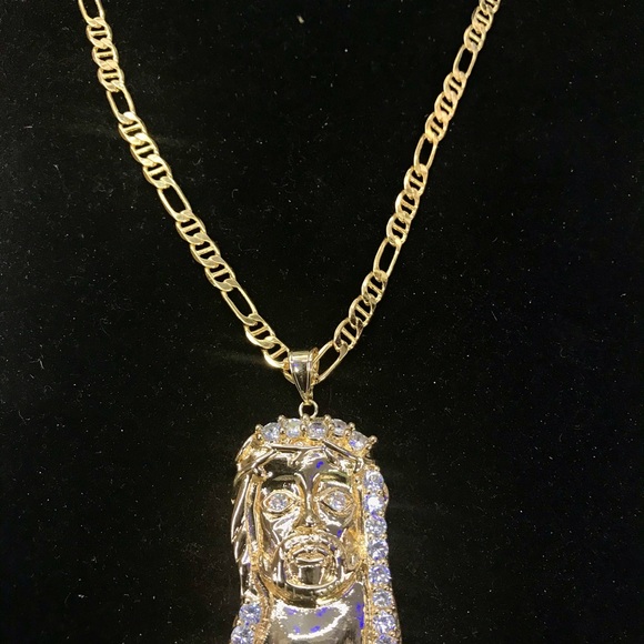 14K Gold Bonded Jesus Piece & Mariner Gucci Chain - Picture 2 of 8